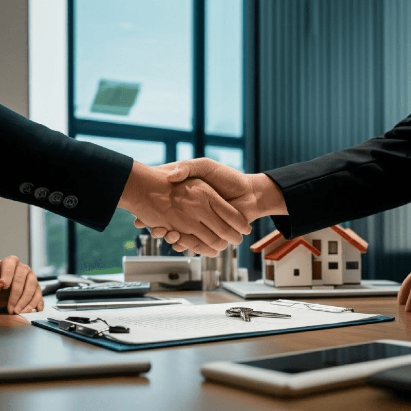 Agents closing a property deal over a model home and signed contract